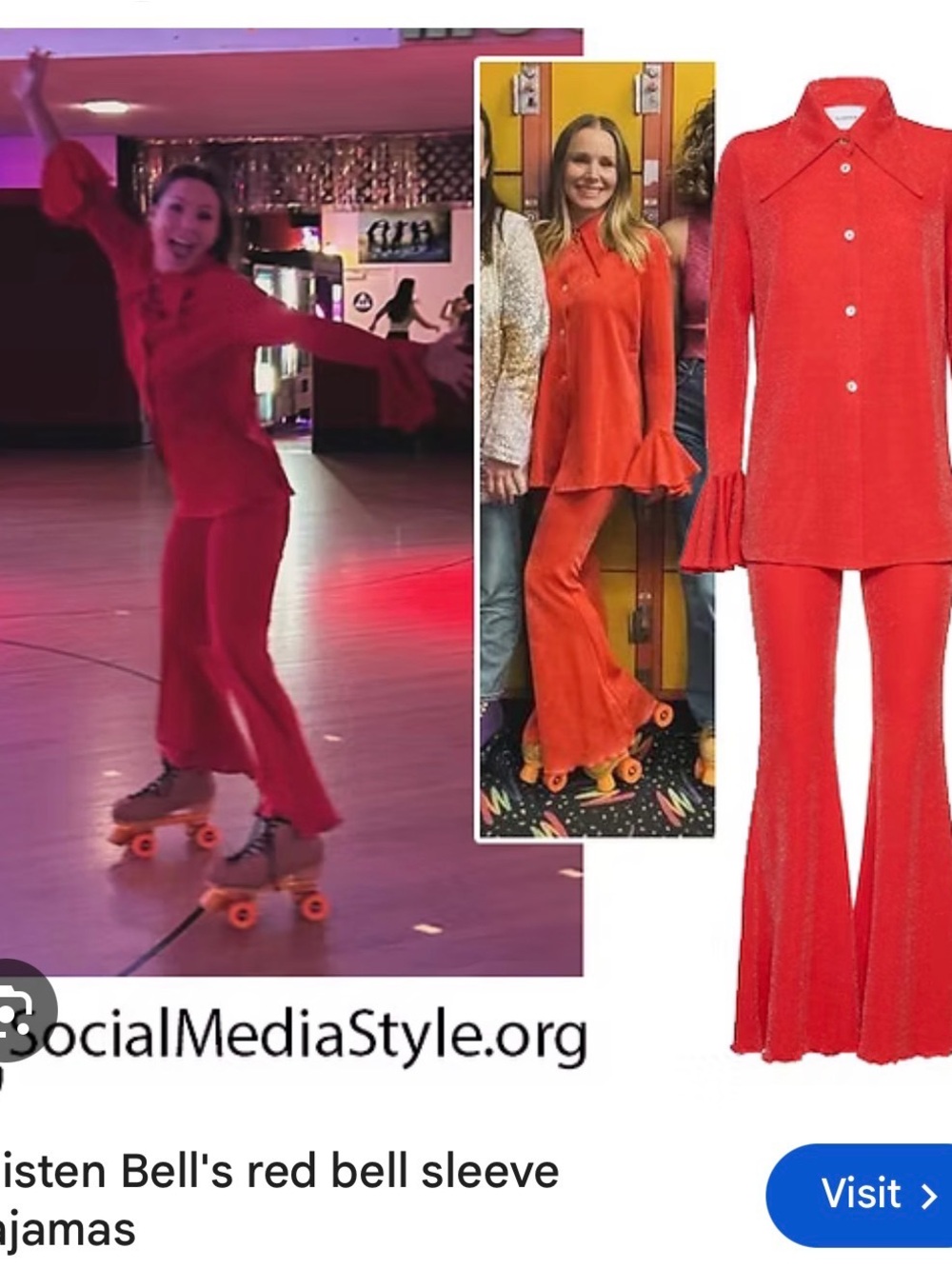 SLEEPER Red Bell-Sleeve Button-Up Top and Flared Pants Set